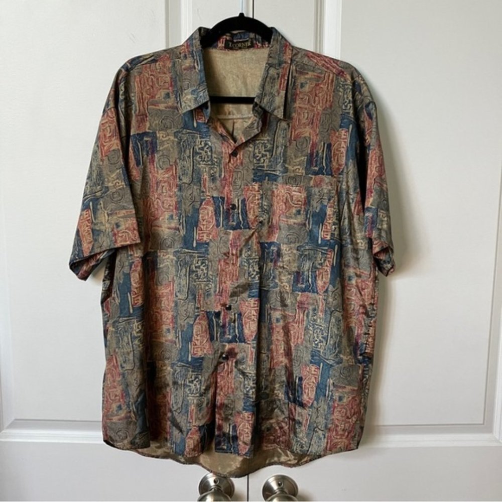 Vintage T.Corner Thai Silk Tan Blue Abstract Short Sleeve Button Down Shirt
